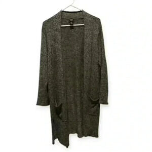 Eileen Fisher Long Cardigan Sweater Small Wool Linen Gray Black Cozy Chic